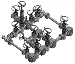 Standpipe manifold 3D model with handwheel gate valves, an actuated valve and flanged piping