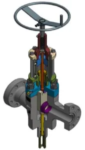 Cutaway of an INTEGRATED slab gate valve showing the handwheel, stem, bonnet and gate