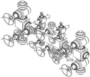 Line drawing of a standpipe manifold assembly with handwheel gate valves and numbered parts