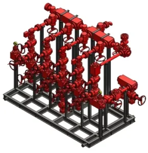 Red skid-mounted standpipe manifold with gate valves and tees on a steel frame